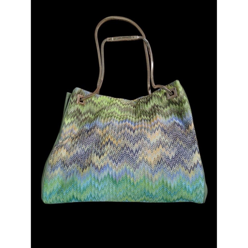 Missoni Women's Hand Bag Purse Green Leather Signature Wave Metal Handle